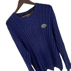 Harley-Davidson Mens XXL Navy Cable Knit Cotton Crew Neck Sweater Logo Patch